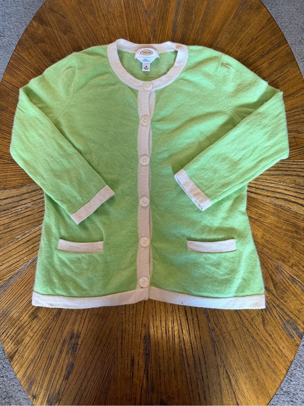 Talbots Pure Cashmere Mint Green Cardigan with Cream Trim